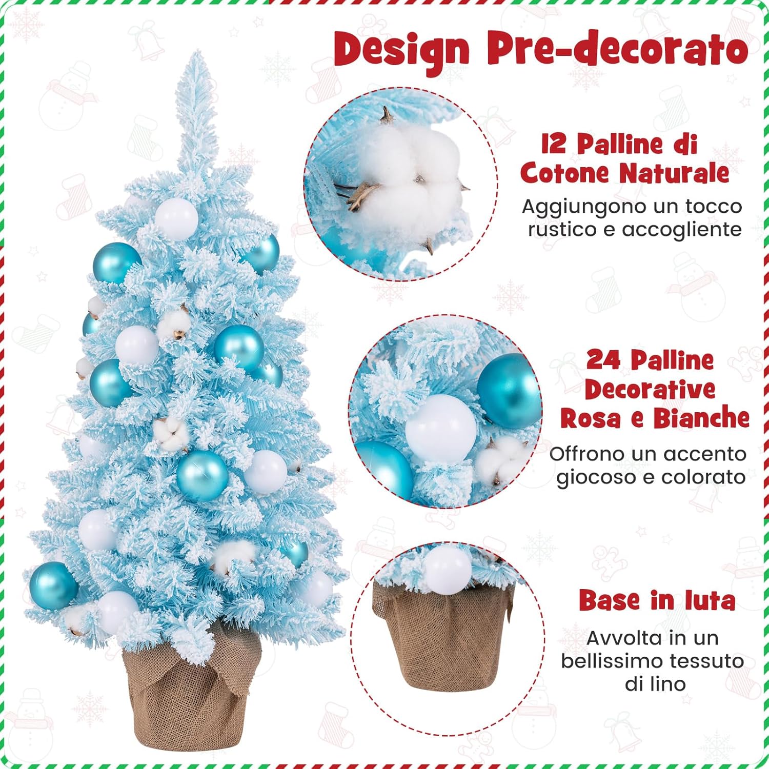 Albero di Natale Artificiale Mini 90 cm, Albero di Natale Innevato da Tavolo con 12 Palline di Cotone Naturale, 24 Palline Decorative e Rami Imbiancati, Decorazione per Feste (Celeste)