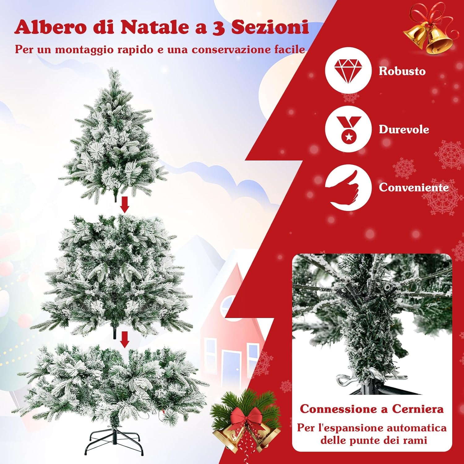 Albero di Natale Innevato 215 cm, Albero di Natale con 300 Luci LED Bianco Caldo, 1096 Punte di Ramo Miste e Aghi di Pino, per Casa e Ufficio