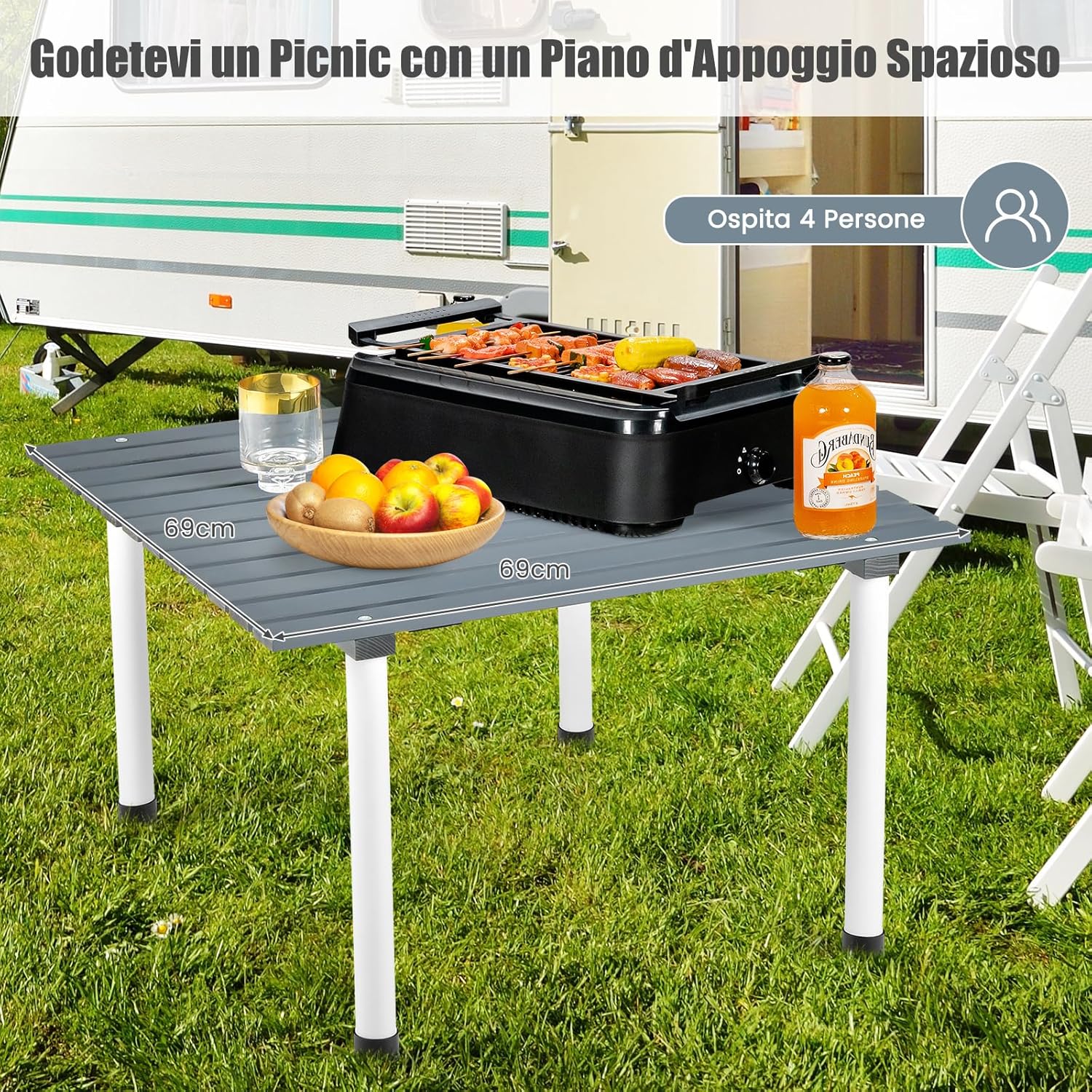 Tavolo da Campeggio Pieghevole per Esterni, Tavolo Picnic in Legno con Borsa Portatile, Tavolo da Campeggio Multifunzione per Spiaggia, Picnic, Pesca, Barbecue, 69 x 69 x 42 cm (Grigio)
