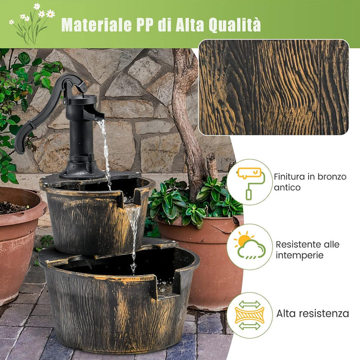 Fontana da Giardino a 2 Livelli, Fontana Rustica con Pompa Regolabile e Ricircolo di Acqua, Fontanella per Giardino Prato e Terrazza, 45,5 x 41 x 68 cm, Bronzo Antico