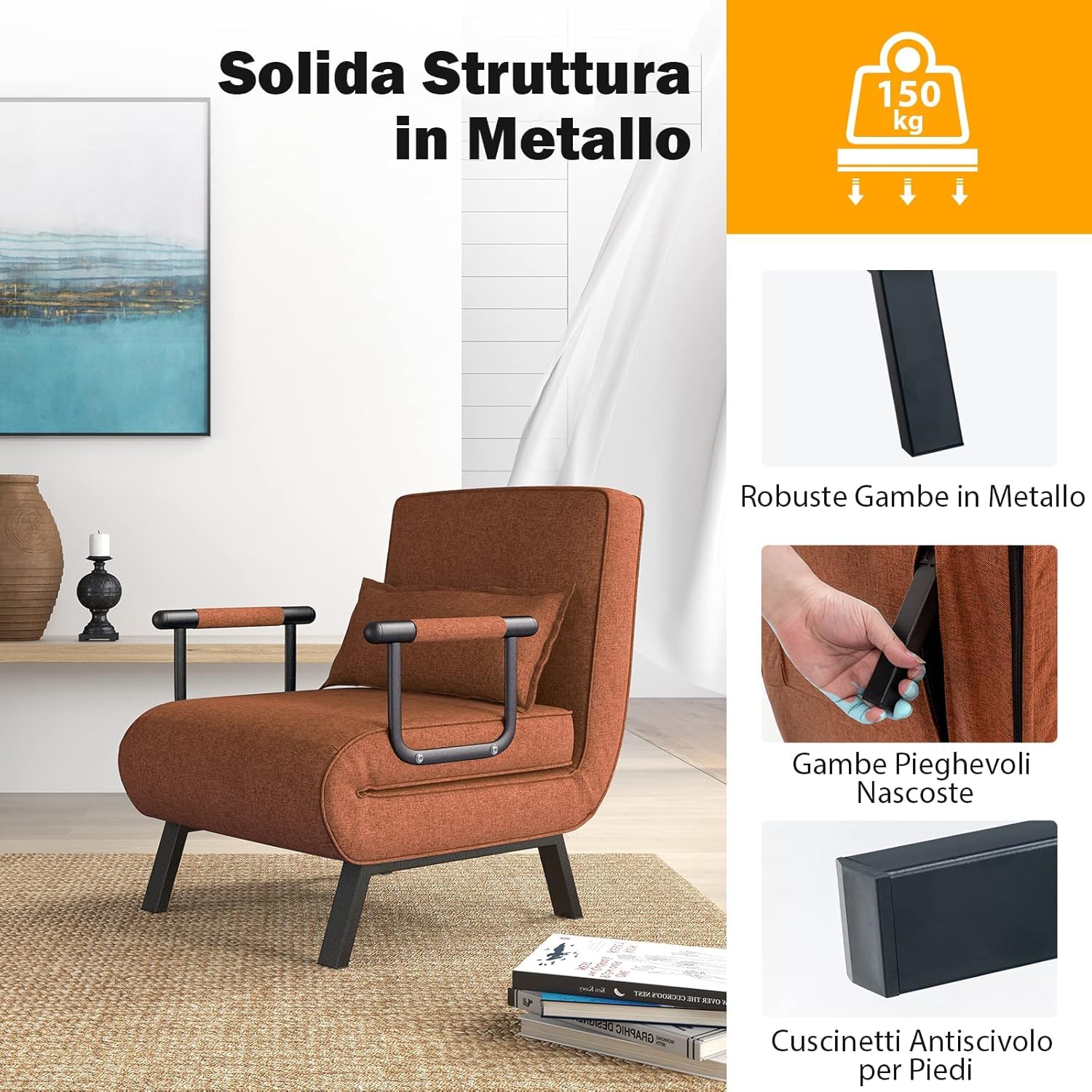 4 in 1 Poltrona Letto Singolo, Poltroncina Pieghevole con Schienale Regolabile in 6 Posizioni, Sedile Imbottito Robusto, Divano Letto per Casa Ufficio, 79x65x79 cm (Caffè)