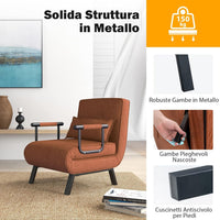 4 in 1 Poltrona Letto Singolo, Poltroncina Pieghevole con Schienale Regolabile in 6 Posizioni, Sedile Imbottito Robusto, Divano Letto per Casa Ufficio, 79x65x79 cm (Caffè)