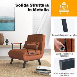 4 in 1 Poltrona Letto Singolo, Poltroncina Pieghevole con Schienale Regolabile in 6 Posizioni, Sedile Imbottito Robusto, Divano Letto per Casa Ufficio, 79x65x79 cm (Caffè)