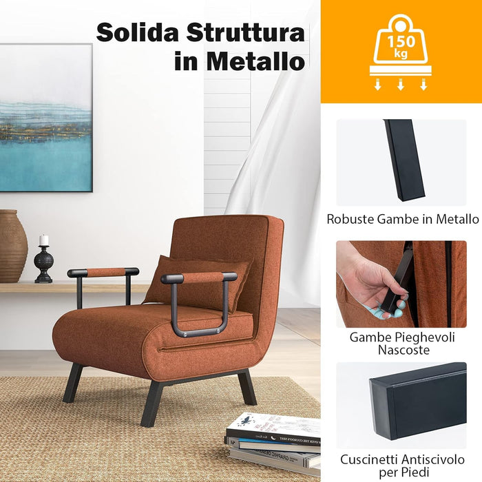 4 in 1 Poltrona Letto Singolo, Poltroncina Pieghevole con Schienale Regolabile in 6 Posizioni, Sedile Imbottito Robusto, Divano Letto per Casa Ufficio, 79x65x79 cm (Caffè)