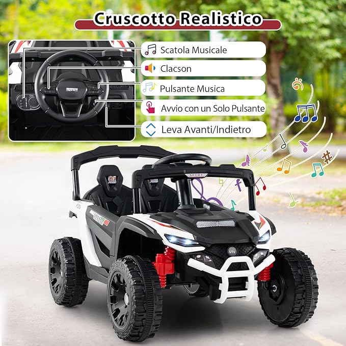12V Macchina Elettrcia per Bambini, UTV Auto Elettrica con Telecomando, 3 Velocità, Luci LED, Musica, Clacson e Sospensioni a Molla, 3-5 km/h, Ideale per Bambini 3 Anni+ (Bianco)