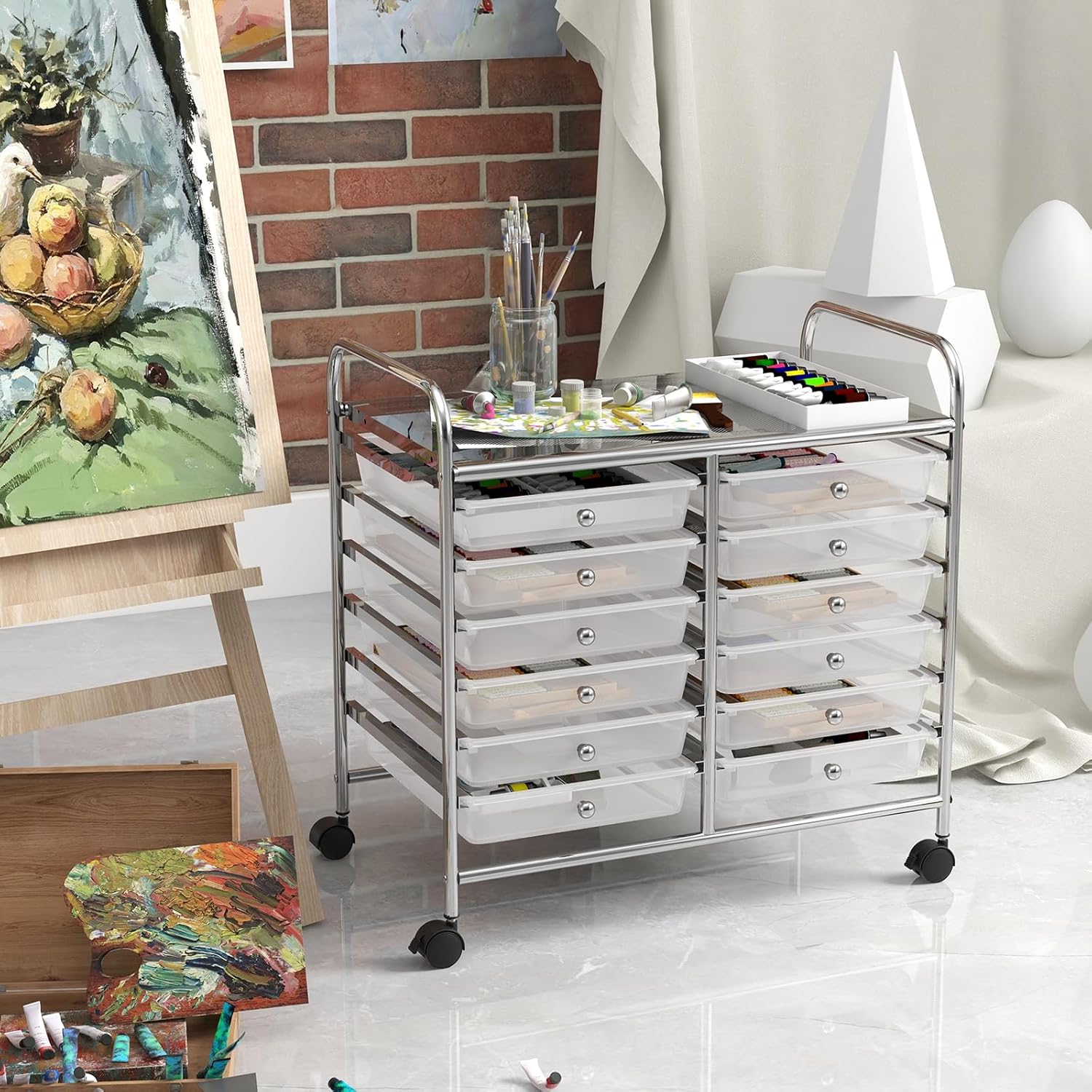 Carrello di Stoccaggio con 20 Cassetti, Carrello portaoggetti con 4 Ruote, Carrello Multiuso per Scuola Ufficio Cucina, 64 x 39 x 88 cm (12 cassetti Trasparente)