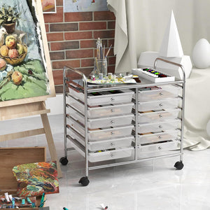 Carrello di Stoccaggio con 20 Cassetti, Carrello portaoggetti con 4 Ruote, Carrello Multiuso per Scuola Ufficio Cucina, 64 x 39 x 88 cm (12 cassetti Trasparente)