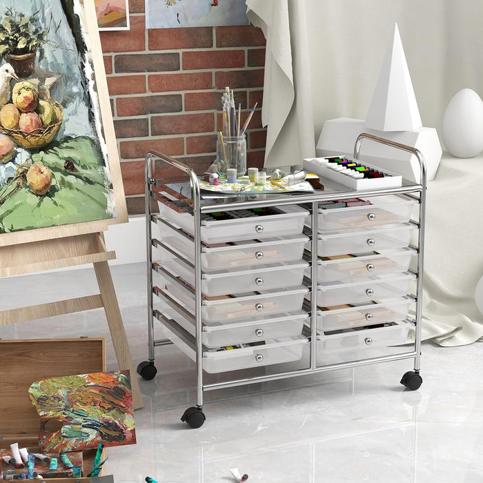 Carrello di Stoccaggio con 20 Cassetti, Carrello portaoggetti con 4 Ruote, Carrello Multiuso per Scuola Ufficio Cucina, 64 x 39 x 88 cm (12 cassetti Trasparente)