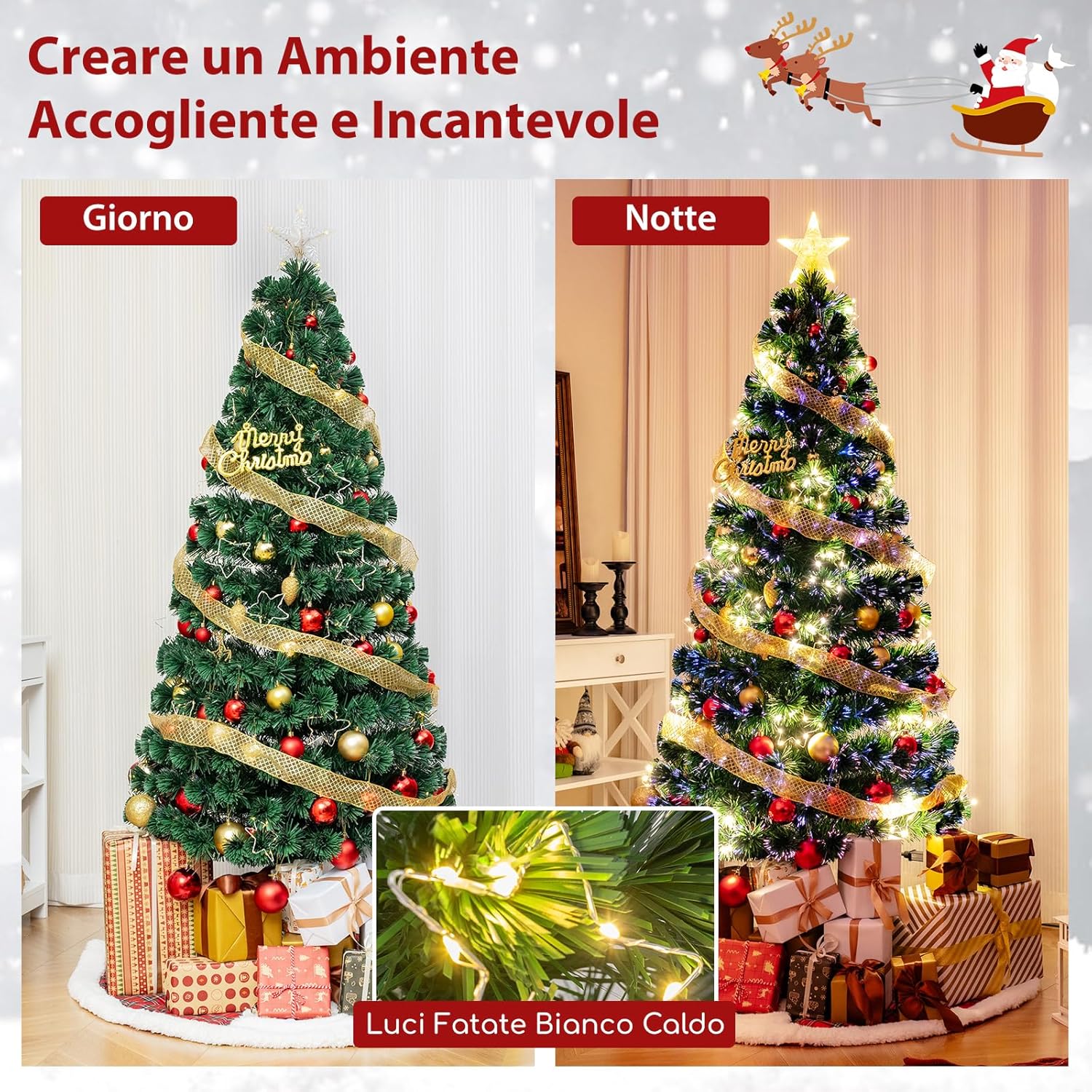 Albero di Natale in Fibra Ottica 150/180 cm, Albero di Natale Artificiale Pre-illuminato con 24/36 Luci a Stringa, Stella sulla Cima e 170/230 Punte dei Rami, Decorazione per Feste (180 CM)