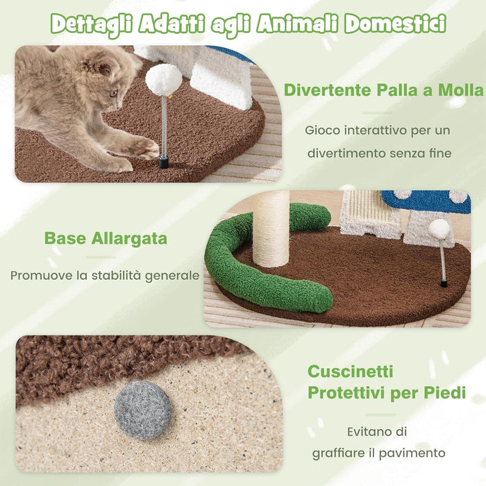Albero per Gatti 4-in-1 con Condo e Piattaforma, Torre per Gattini a Forma di Fungo con Palo Avvolto in Sisal, Tiragraffi e Palla a Molla