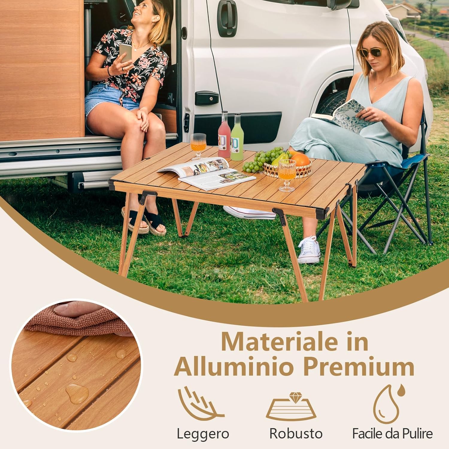 Tavolo da Campeggio Pieghevole, Tavolo da Picnic con Borsa Trasporto e Piano Impermeabile, con Struttura in Alluminio, per Giardino Campeggio, Portata 80 kg (Naturale)