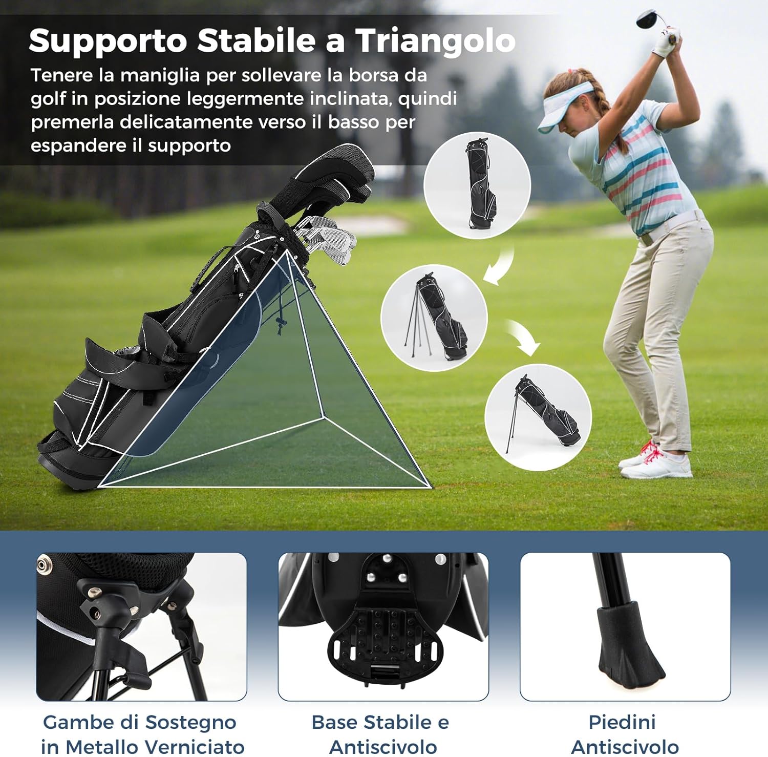 Sacca da Golf con Supporto, Borsa da Golf a 4 Scomparti con 4 Tasche con Cerniera, Borsa Frigo, Tracolla Doppia, Cappuccio Antipioggia, Supporto per Ombrellone