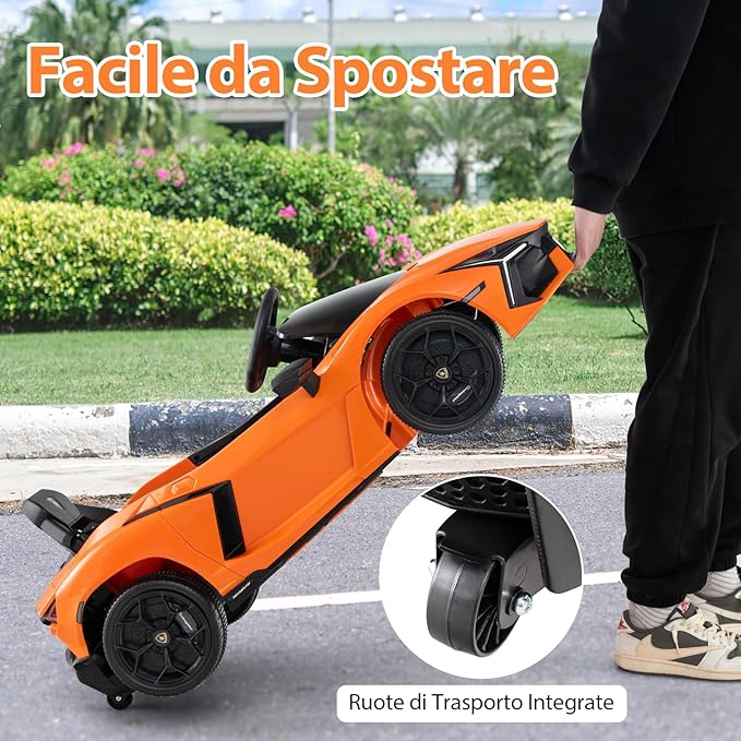 Lamborghini 12V Auto Elettrica per Bambini, Veicolo Elettrico Cavalcabile con Telecomando Luci LED Musica, 3-5 Km/h, per Bambini 37-95 Mesi (Arancia)
