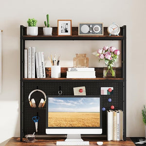 Libreria da Scrivania a 2 Livelli, Scaffale da Tavolo Industriale per Monitor di Computer Fino a 32", Organizzatore di Stoccaggio con Pegboard, per Dormitorio Ufficio e Casa, 94x27x103 cm