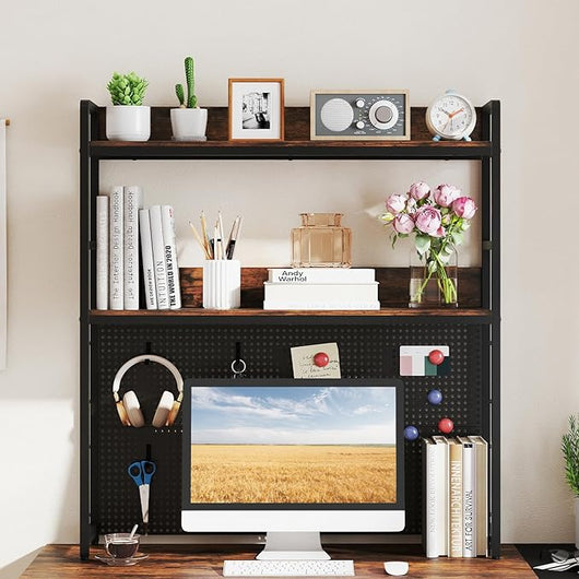 Libreria da Scrivania a 2 Livelli, Scaffale da Tavolo Industriale per Monitor di Computer Fino a 32", Organizzatore di Stoccaggio con Pegboard, per Dormitorio Ufficio e Casa, 94x27x103 cm