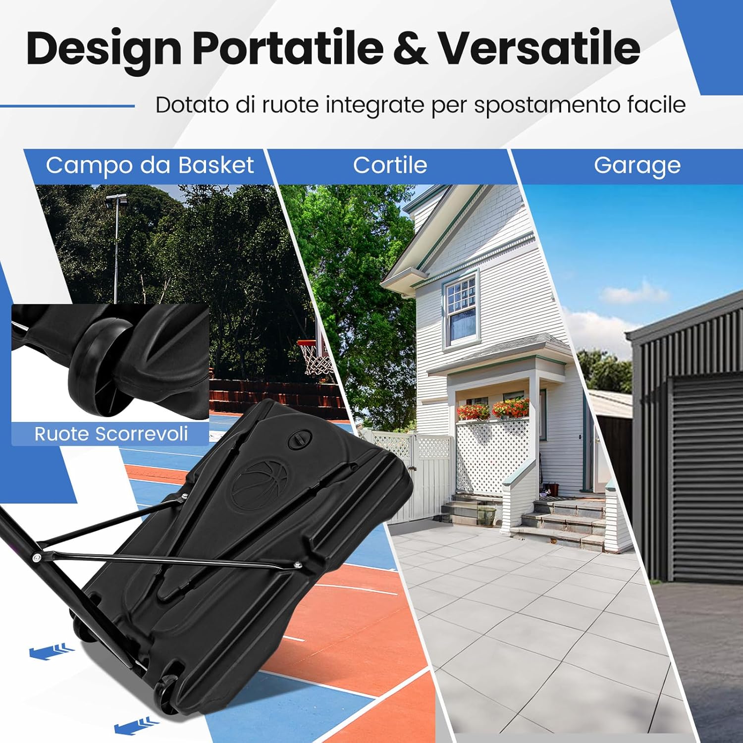 Canestro da Basket Portatile, Supporto Regolabile in Altezza a 8 Posizioni con Tubo Centrale Rimovibile, Base Ampia, Canestro da Basket da Interno e da Esterno