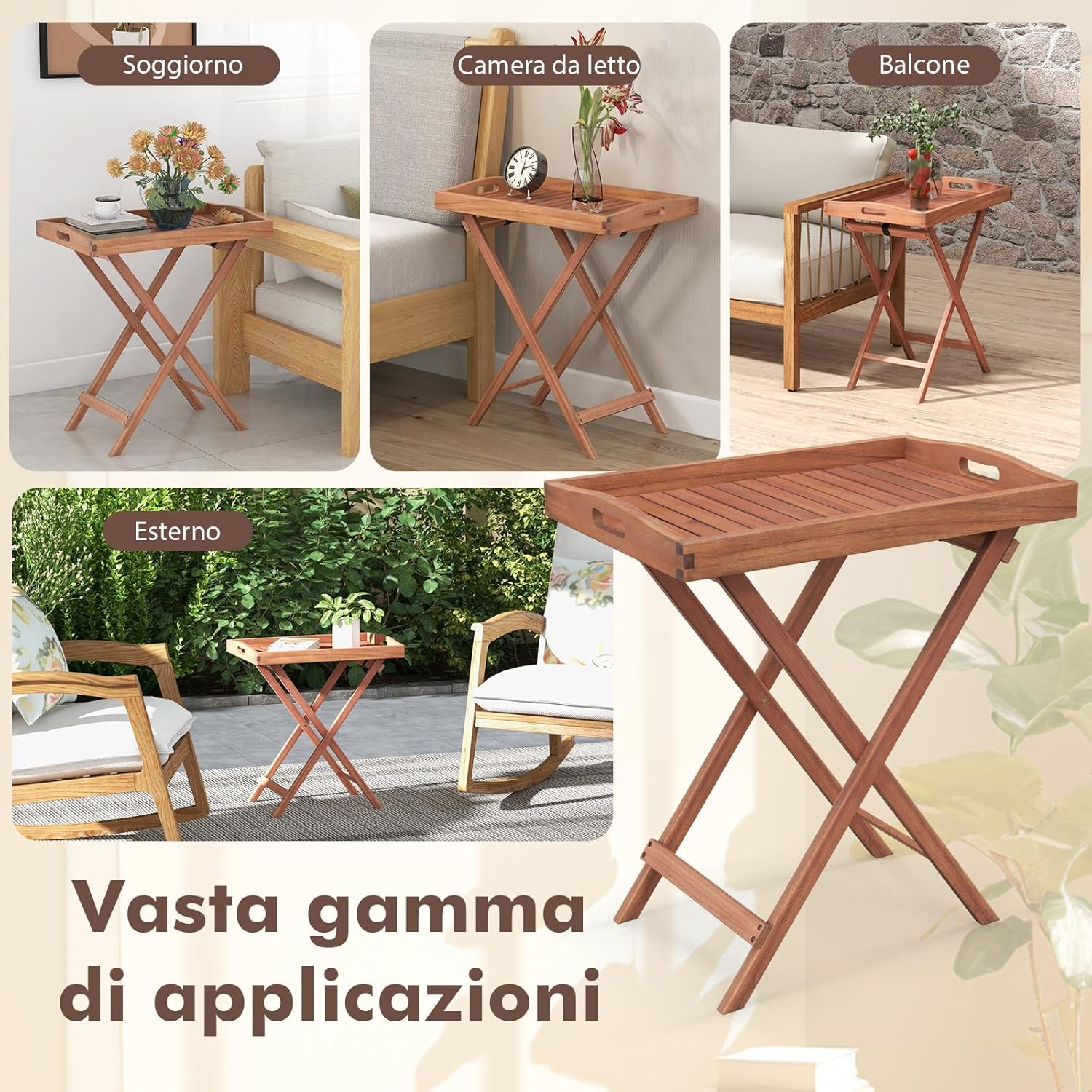 Tavolino Laterale da Giardino in Legno di a Acacia, Tavolino Pieghevole con Vassoio Rimovibile e Struttura a X, Tavolino da Tè per Interni ed Esterni, Portata 40 kg, 68 x 44 x 74 cm