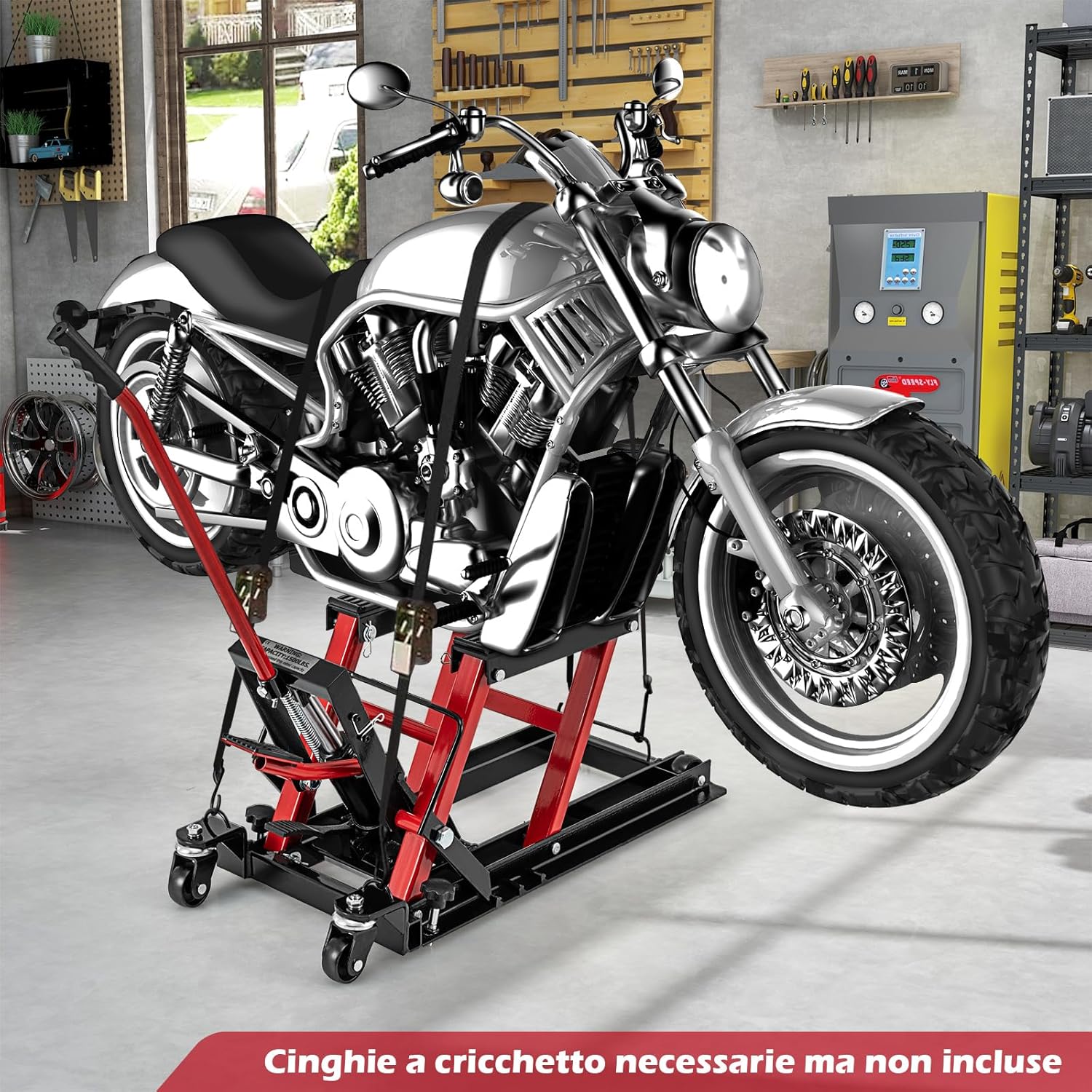 Ponte Sollevatore Idraulico per Moto, Sollevatore Motociclette Fino a 680 kg, Cric Alzamoto con Ruote e Piattaforma Regolabile in Altezza a Pedale Resistente per ATV, UTV per Officina (Rosso)