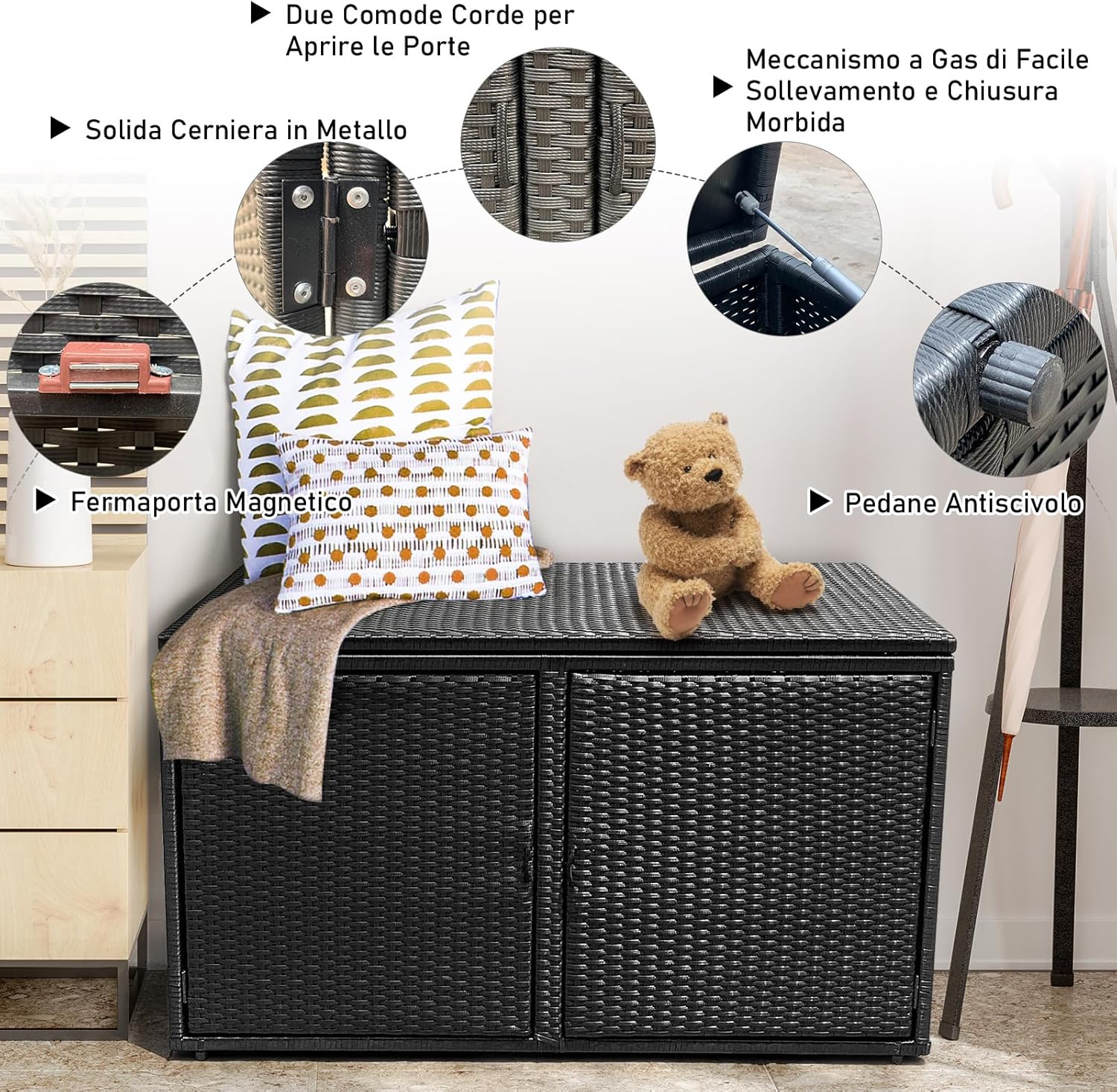 Baule Contenitore da 335 L, con Coperchio e 2 Ripiani, Contenitore da Giardino con Telaio in Acciaio, Baule Cassapanca per Attrezzi e Giocattoli, per Interno ed Esterno (Nero)