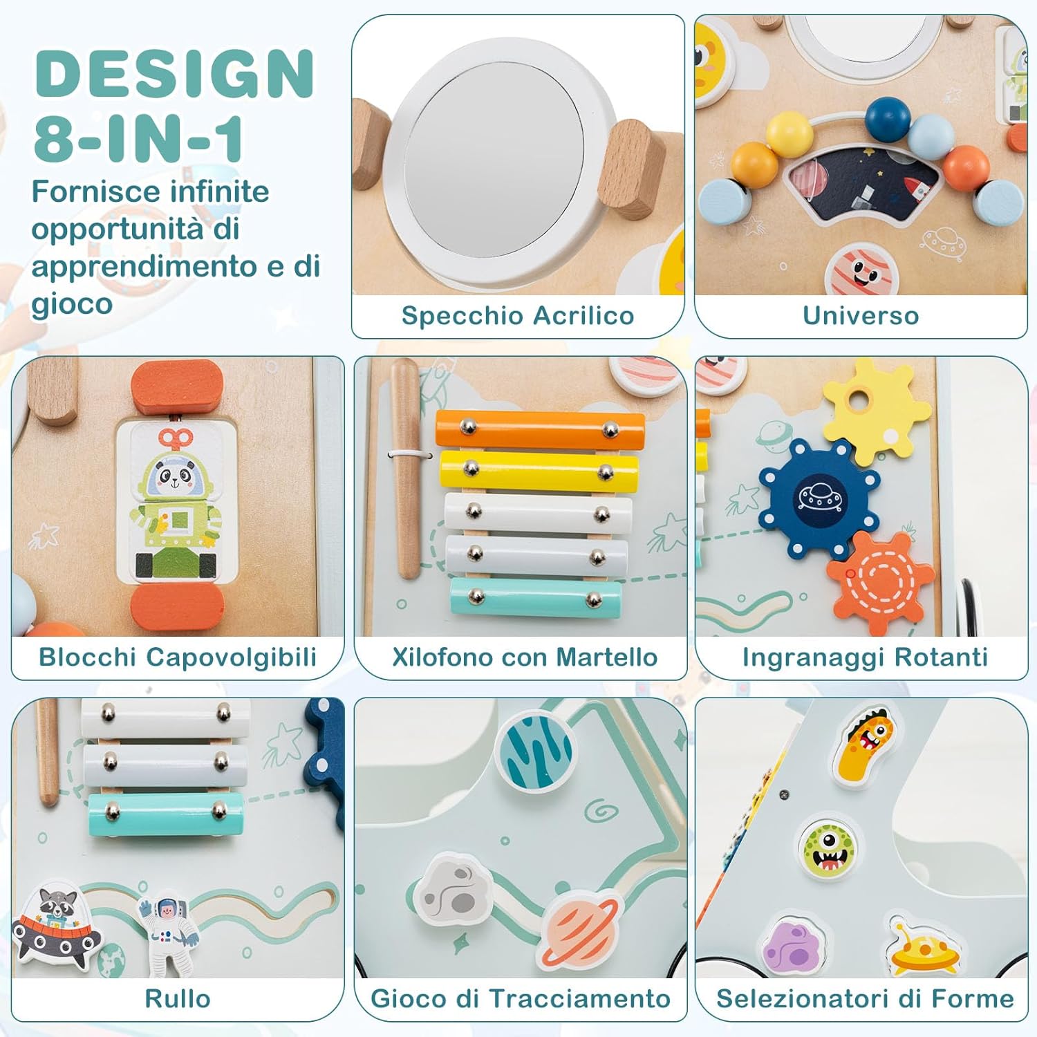 Carrellino Primi Passi 8 in 1, Girello in Legno per Bambini, Giocattolo Montessori, Centro Attività di Apprendimento a Spinta, Giocattolo a Spinta per Bambini di 1+ Anni (Verde)