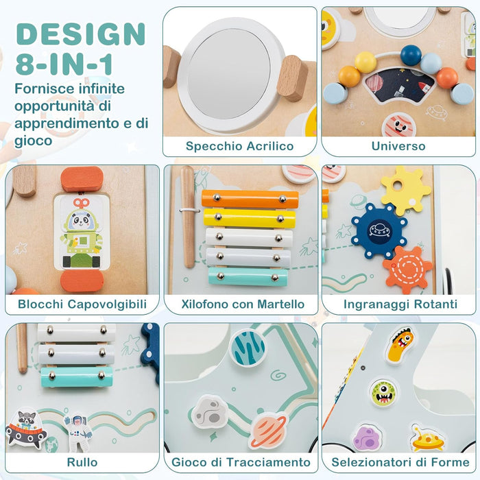 Carrellino Primi Passi 8 in 1, Girello in Legno per Bambini, Giocattolo Montessori, Centro Attività di Apprendimento a Spinta, Giocattolo a Spinta per Bambini di 1+ Anni (Verde)