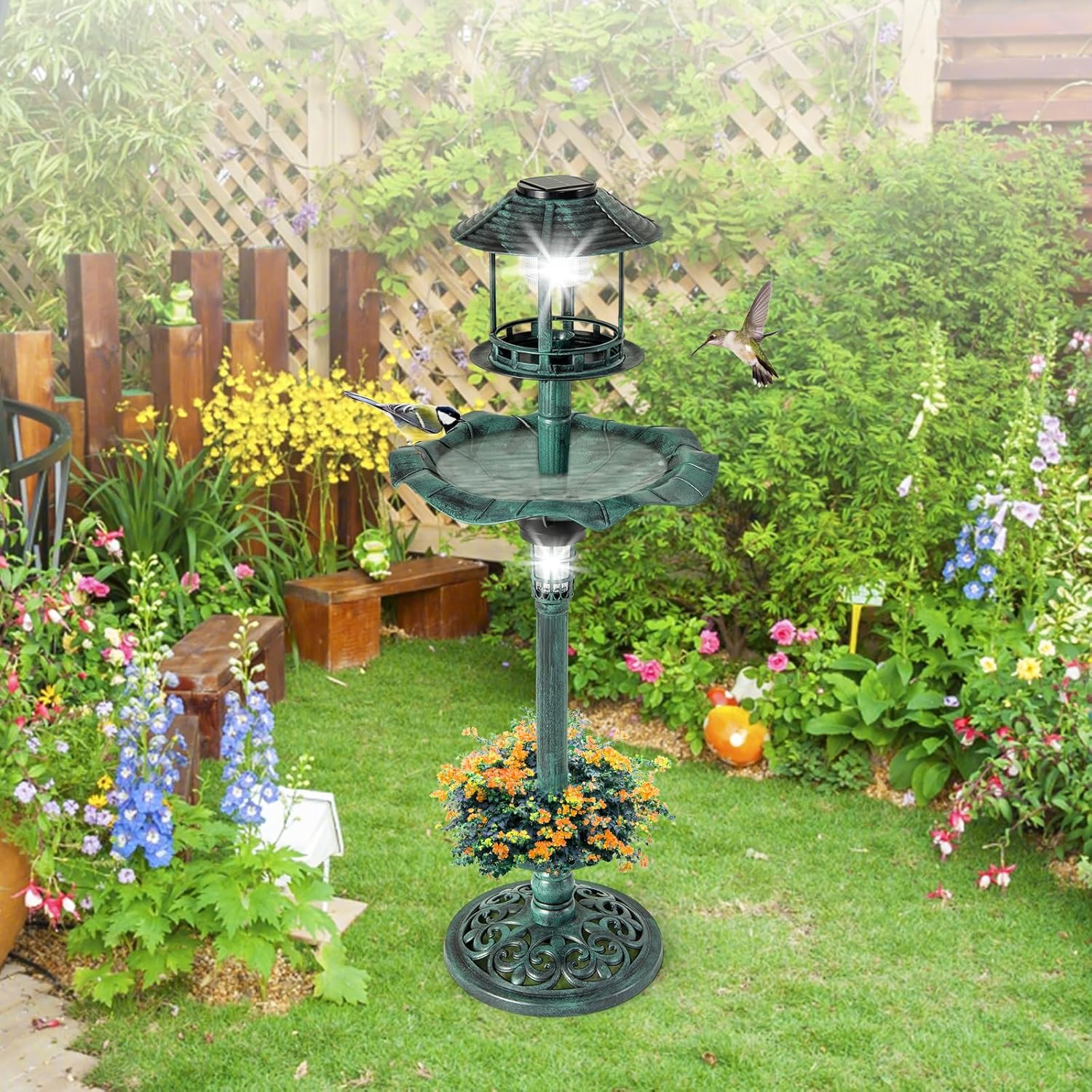 Vasca per Uccelli da Giardino a Energia Solare, Abbeveratoio e Mangiatoia per Uccelli da Esterno con 2 Lampade a Energia Solare, Fioriera e Supporto Riempibile (Bronzo, 43 x 43 x 110 cm)