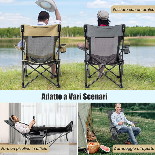 Sedia da Campeggio con Poggiapiedi Rimovibile, Sedie a Sdraio con Schienale Regolabile, Sedia Pieghevole con Borsa Portaoggetti, per Pesca, Campeggio, Picnic(Grigio)