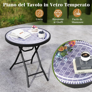 Tavolino da Giardino Pieghevole da 46 cm, Tavolino Rotondo Compatto da Patio, con Piano in Vetro Temperato e Struttura in Metallo, Tavolino Laterale Portata 50 kg (Grigio)