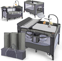 5-in-1 Lettino da Campeggio con Materasso, Lettino per Bambini con Fasciatoio, Lettino Pieghevole e Portabile, Altezza Regolabile in 5 Livelli, per Bambini 0-36 Mesi (Grigio+Grigio Scuro)