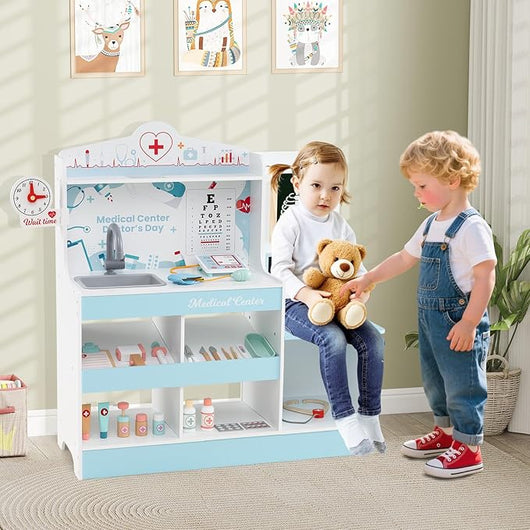 Set da Gioco Dottore in Legno, Centro Medico per Bambini con Orologio, Lavandino, Tabella Oculistica, Monitor ECG, Area Esame e 24 Accessori Giocattolo, 97 × 30,5 × 88 cm (Blu)