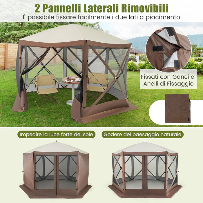 Gazebo da Giardino Pop-Up 3,5 x 3,5 m, Tenda da Giardino a 6 Lati con Tetto Ventilato e Manico, 2 Pareti Rimovibili, Rete a Maglia, Borsa da Trasporto per Patio, Giardino, Campeggio