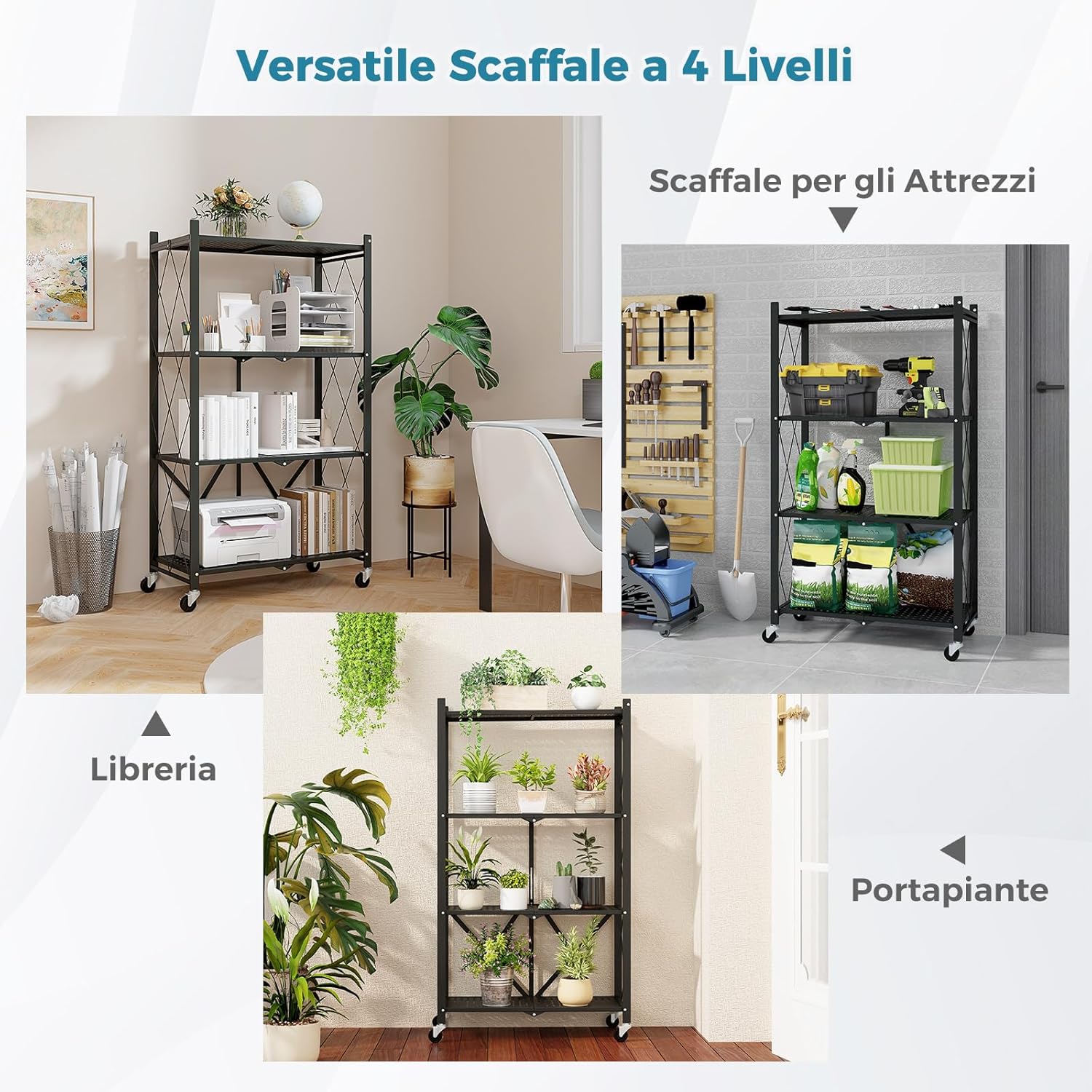 Scaffale di Stoccaggio Pieghevole a 4 Livelli, Carrello di Stoccaggio con Ruote Bloccabili, Unità di Ripiano in Metallo Robusta per Cucina Soggiorno Garage, 71x34x126 cm