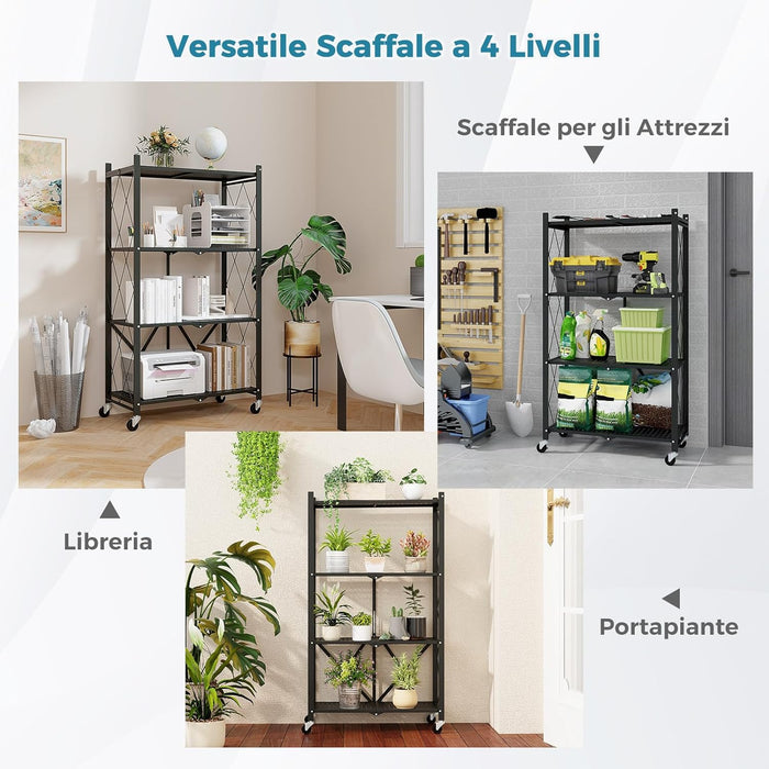 Scaffale di Stoccaggio Pieghevole a 4 Livelli, Carrello di Stoccaggio con Ruote Bloccabili, Unità di Ripiano in Metallo Robusta per Cucina Soggiorno Garage, 71x34x126 cm