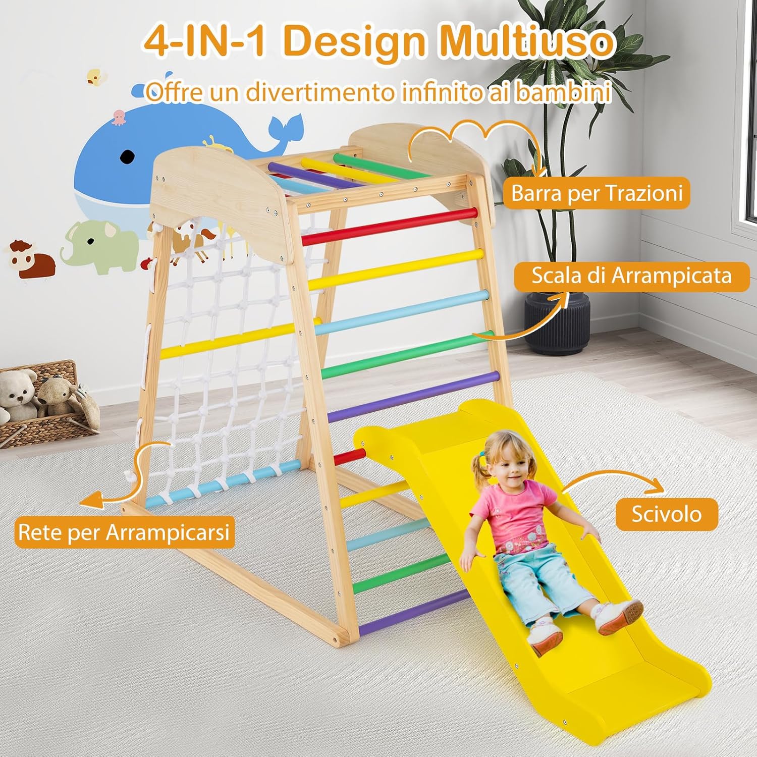 Set Arrampicata 4 in 1, Parco Giochi Interno in Legno con Sbarre Rete da Arrampicata e Scala da Arrampicata, per Bambini 1 Anno+ (colorato)