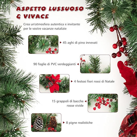 Ghirlanda di Natale Artificiale Pre-Illuminata 270CM con Luci LED, Pigne, Bacche e Fiori, Ghirlanda Natalizia a Batteria per Porta, Scale e Mensola, Decorazione Natalizia Interna ed Esterna