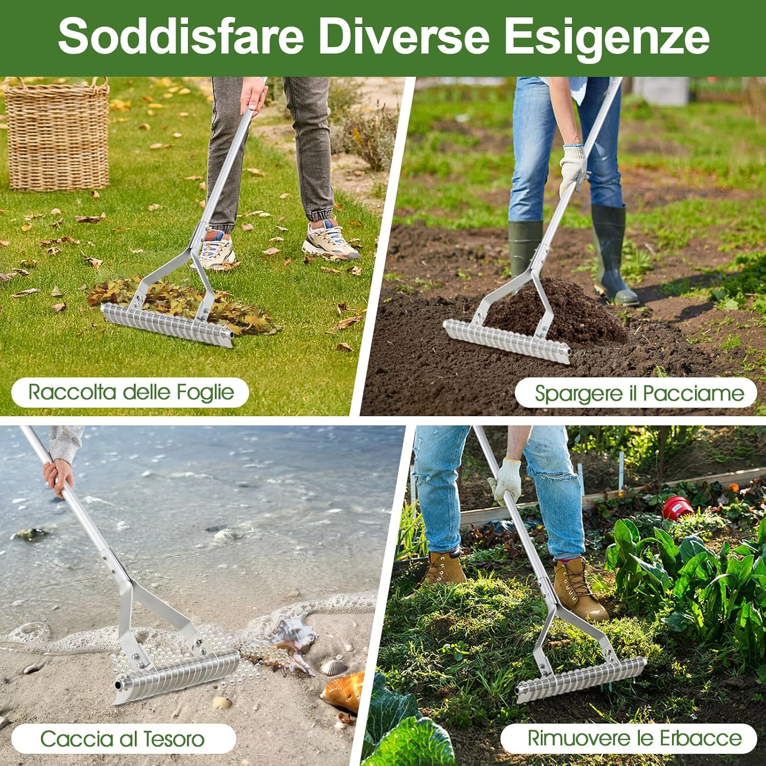 Arieggiatore per Prato 178 cm, Rastrello per Allentare Suolo da 50 cm in Alluminio con Manico Lungo e 19 Denti Curvi, Arieggiatore Manuale da Giardino e Cortile