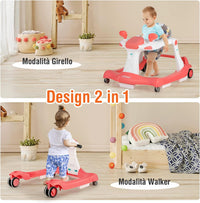 Girello per bambini 2 in 1, Girello con Altezza e Velocità Regolabili, Carillon con Luci e Cuscino Comodo, Primi Passi per Bambini 6-18 Mesi, Capacità di carico: 15 kg (Arancia)