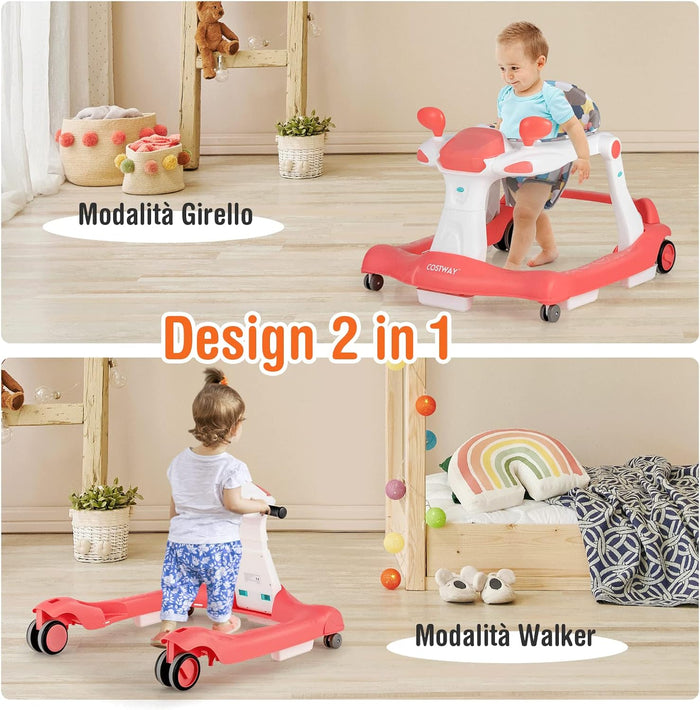 Girello per bambini 2 in 1, Girello con Altezza e Velocità Regolabili, Carillon con Luci e Cuscino Comodo, Primi Passi per Bambini 6-18 Mesi, Capacità di carico: 15 kg (Arancia)