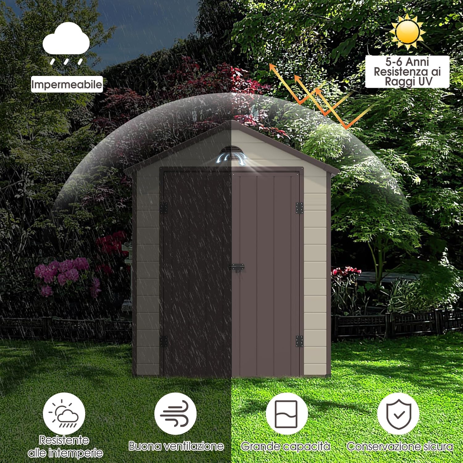 Capanni da Esterno, Casetta Porta Attrezzi da Giardino in PVC con Sfiati, Finestra, Porta con Cerniera, Capanni Resistente alle Intemperie da Giardino e Fattoria, 192 x 190 x 226 cm