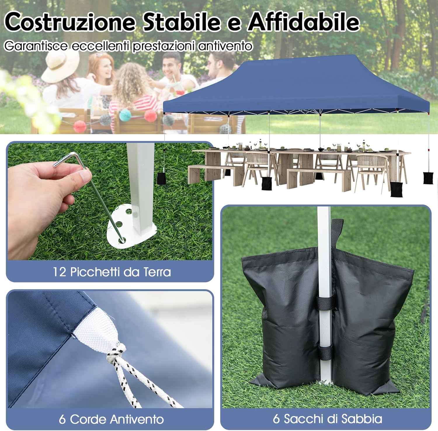 Gazebo Pieghevole da Giardino 3 x 6m, Gazebo Pop-up con Borsa da Trasporto, Regolabile in Altezza, per Feste (Blu)