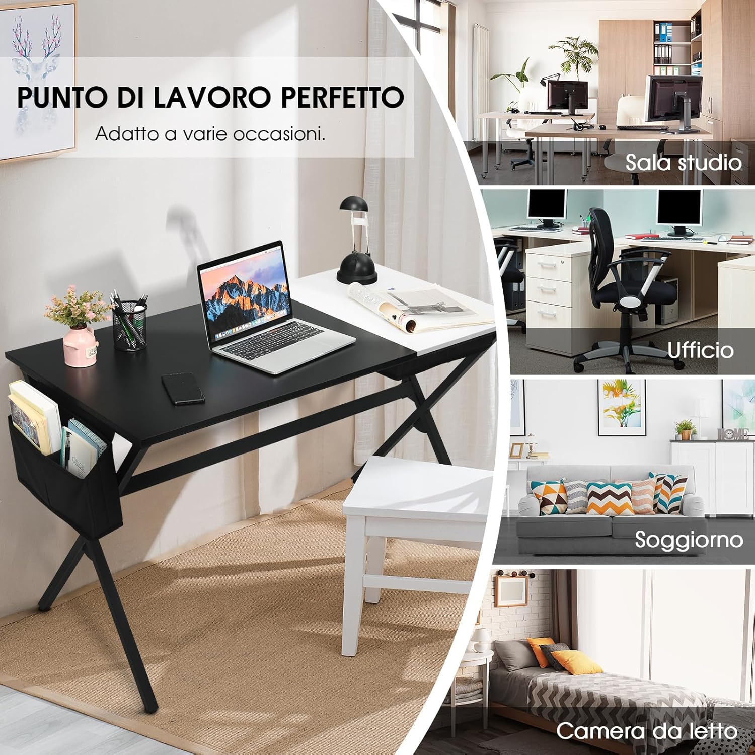 Scrivania per Computer da 120 cm, Scrivania con Cassetto e Tasca Portaoggetti Laterale, Tavolo per PC Moderno per Studio, Camera da Letto, Soggiorno e Ufficio