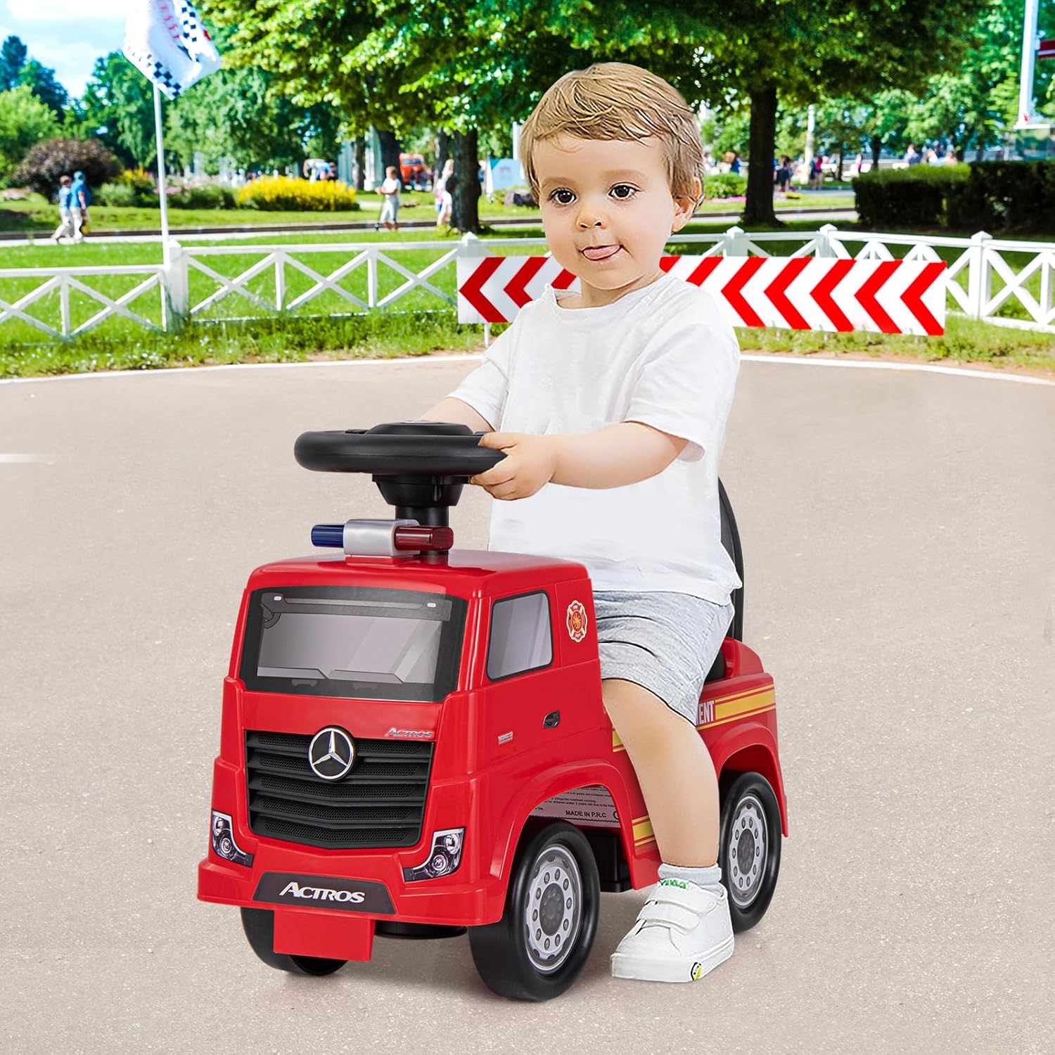 Camion dei Pompieri per Bambini, Macchinina Cavalcabile con Musica e Clacson, con Spazio di Stoccaggio Nascosto e Volante, Regalo per Bambini 2-6 Anni