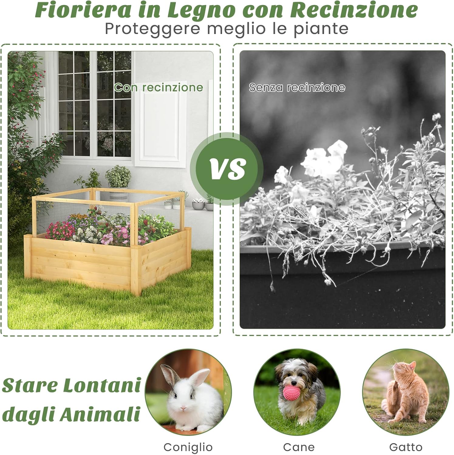 Fioriere Rialzate con Recinto Anti-Animali e Griglia di Coltivazione, Letto da Giardino Rialzato per Coltivazione di Fiori, Verdure, Frutta ed Erbe, 107 x 107 x 70cm