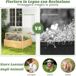 Fioriere Rialzate con Recinto Anti-Animali e Griglia di Coltivazione, Letto da Giardino Rialzato per Coltivazione di Fiori, Verdure, Frutta ed Erbe, 107 x 107 x 70cm