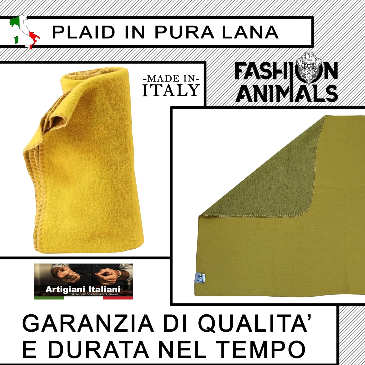 Plaid per cani e gatti - 100% Lana - Coperta morbida e lavabile 150x100 cm - Elegante e resistente - Made in Italy (Senape)