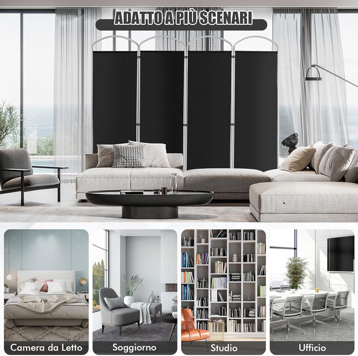 Paravento Pieghevole a 4/6 Pannelli, Separé Divisorio Interno ed Esterno, Pannelli Divisori per Camera da Letto, Ufficio e Soggiorno (221 x 188 cm 4 Pannelli, Nero)