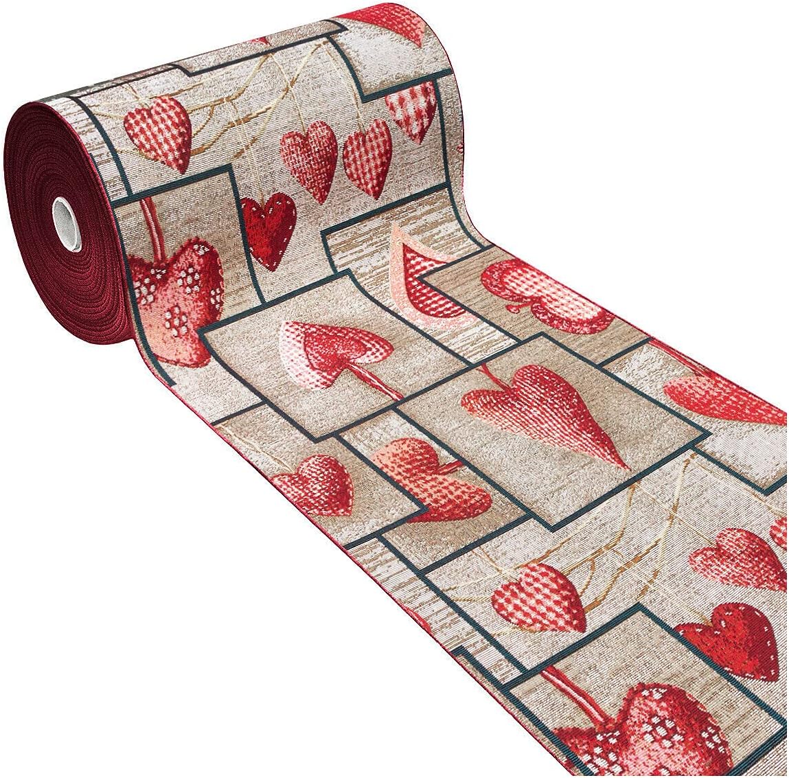 Tappeto Cucina Tessuto Gobelin 54x280 cm Passatoia Lavabile Antiscivolo Shabby Chic Cuori Bordeaux