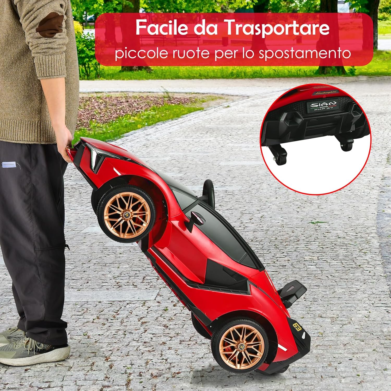 Macchina Elettrica Lamborghini per Bambini da 12V, Veicolo Elettrico con Luci LED MP3 Telecomando, Fino a 5km/h, +3 Anni (Rosso)