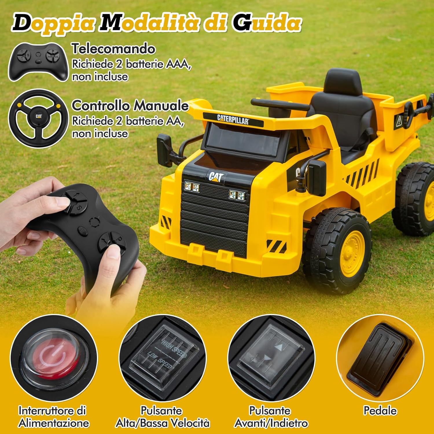 12V Caterpillar Veicolo da Costruzione Elettrico, Macchina Elettrica per Bambini con Telecomando Paletta e Cassone Basculante, 3-4 km/h, per Bambini 3-6 Anni