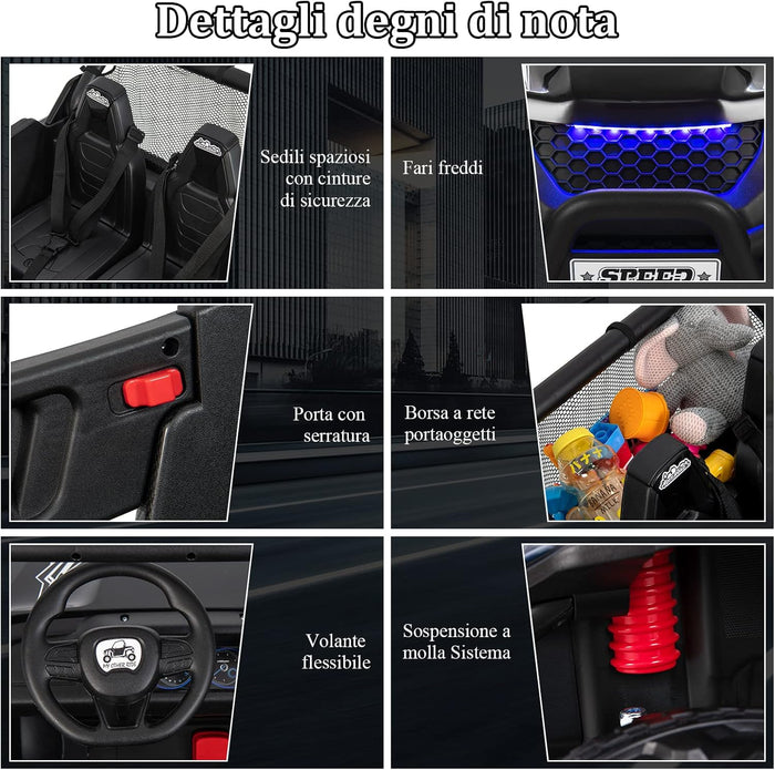 12V Auto Elettrico per Bambini, Macchina Fuoristrada a 2 Posti, Macchina Elettrica con Luci Suoni, Regalo per Bambini 3-8 Anni, 118x74x71 cm (Nero)